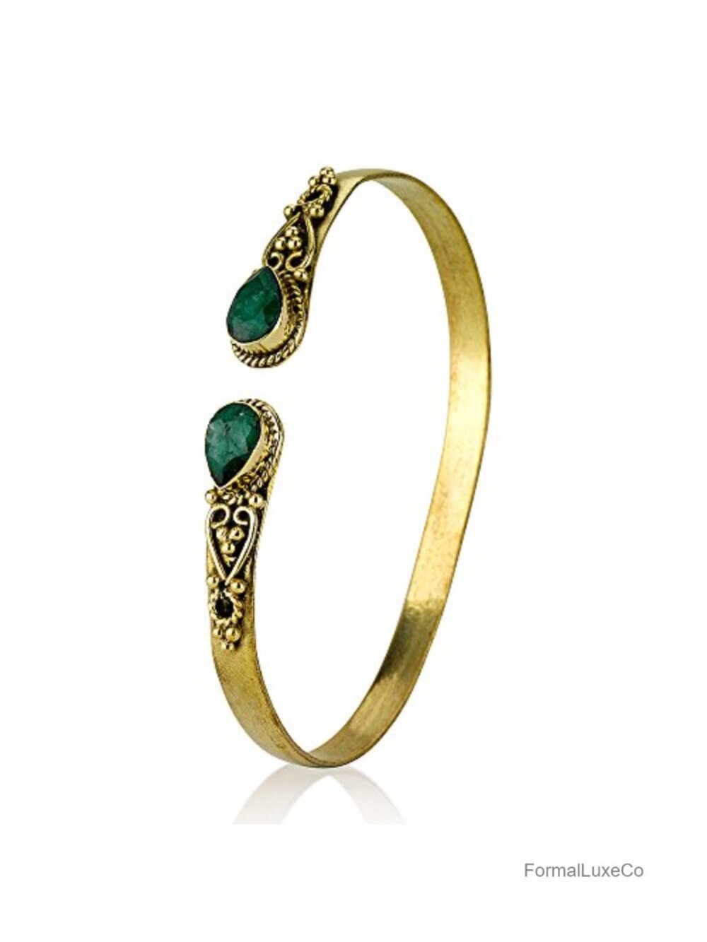 Emerald Green Brass Adjustable Bangle Bracelet Bohemian